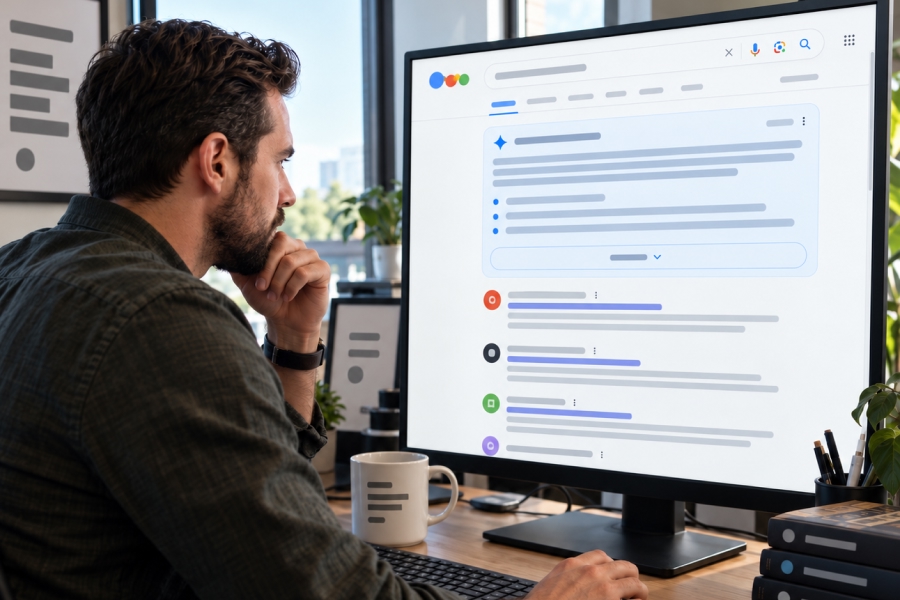 Business owner reviewing company visibility in Google AI Overviews