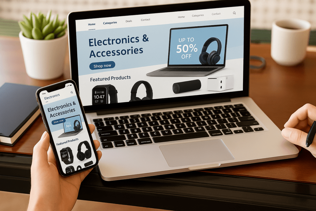 A computer and a phone displaying a website design for electronics and accessories